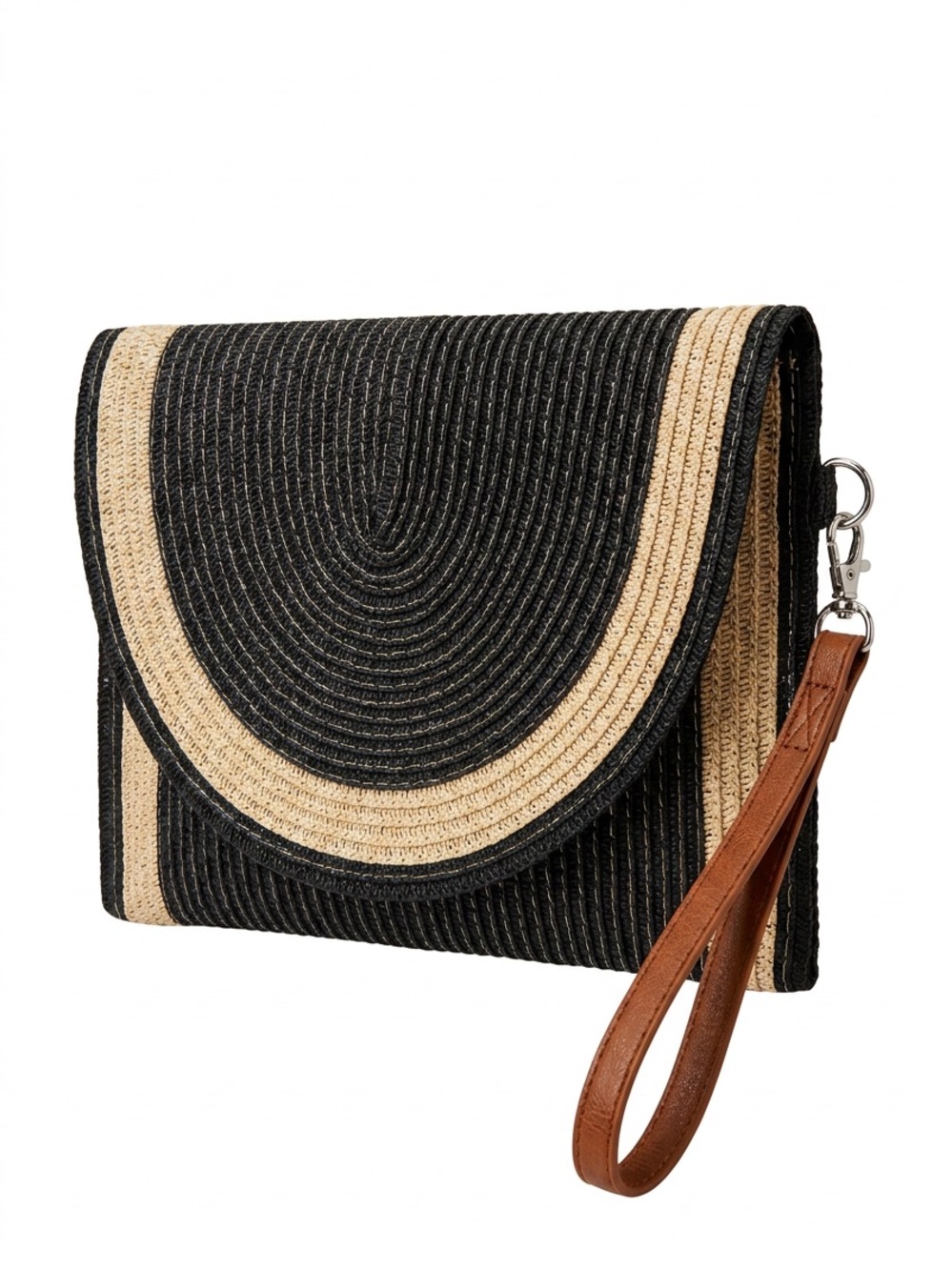 Woven Straw Clutch Wristlet in Black & Natural